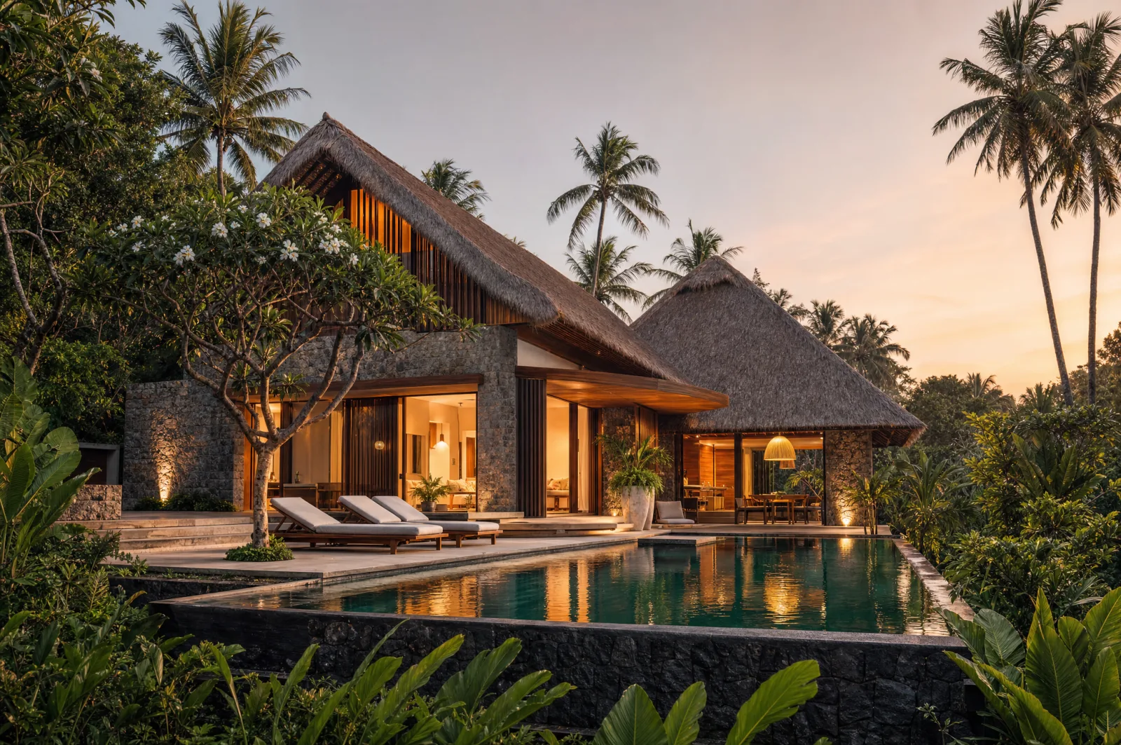 Privátní bazén vily AMANI v této lokalitě s tropickou zelení — investiční nemovitost na Bali